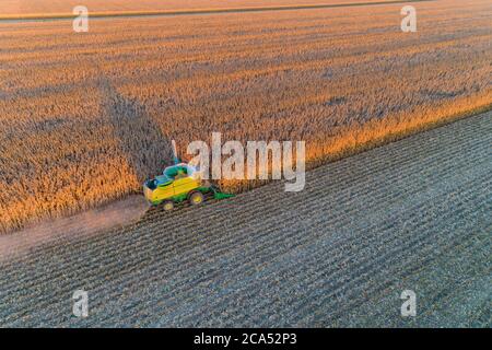 Aerial view of combine-harvester in field, Marion Co, . Illinois, USA Stock Photo