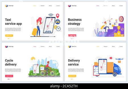 Delivery business services vector illustrations. Cartoon flat delivering technology webpage interface design banner set with successful business strategy for shipping company, taxi transportation Stock Vector
