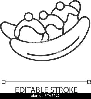 Banana split linear icon. Ice cream based dessert with banana and cherries. American cuisine. Thin line customizable illustration. Contour symbol. Vec Stock Vector