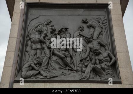 Close-up of Bas Relief of Admiral Horatio Nelson's battle of the Nile, seen at the base of Nelsons Column on Trafalgar Square London. Stock Photo