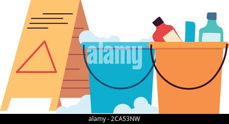 Cleaning utensils in bucket on white background vector illustration design Stock Vector