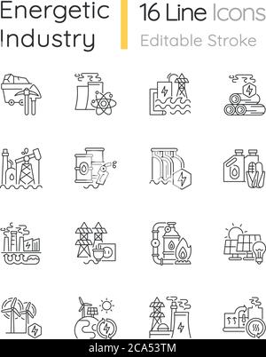 Energy industry linear icons set. Electricity manufacturing technologies and modern facilities customizable thin line contour symbols. Isolated vector Stock Vector