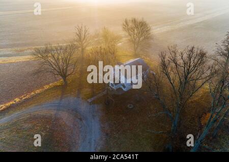 Aerial view of Pleasant Grove Methodist Church in foggy day, Marion Co., Illinois, USA Stock Photo