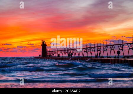 View of lighthouse at sunset, South Haven, Michigan, USA Stock Photo