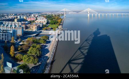 Aerial view of Vasco da Gama bridge, Lisbon, Portugal Stock Photo