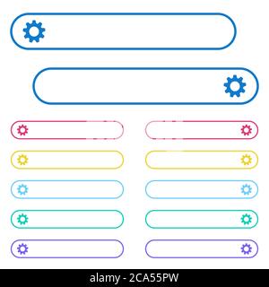 Settings icons in rounded color ghost buttons. Left and right side icon variations. The buttons text can be adjusted with CSS. Stock Vector