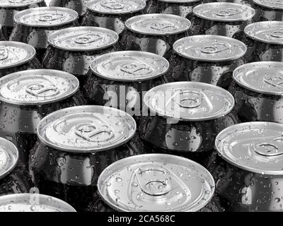 Aluminum cans with condesation formed background. 3d illustration. Stock Photo