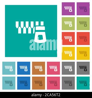 Horizontal zipper multi colored flat icons on plain square backgrounds. Included white and darker icon variations for hover or active effects. Stock Vector