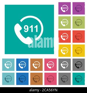 Emergency call 911 multi colored flat icons on plain square backgrounds. Included white and darker icon variations for hover or active effects. Stock Vector