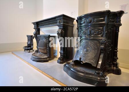 France, Aisne, Guise, Familistere, museum Godin stoves, presentation of different models of stoves Stock Photo