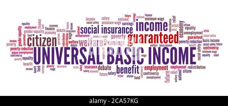 Universal basic income concept. UBI word cloud sign. Social welfare policy. Stock Photo