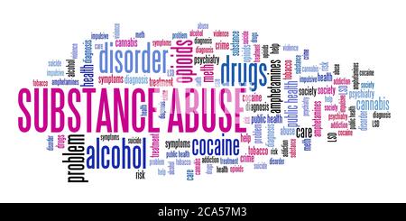 Substance abuse word cloud collage. Drug and alcohol addiction concepts text cloud. Stock Photo