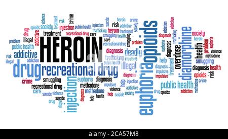 Heroin word cloud collage. Drug addiction concepts text cloud. Stock Photo