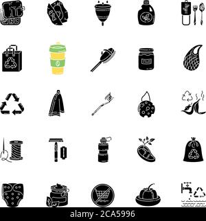 Zero waste black glyph icons set on white space. Eco friendly lifestyle, anticonsumerism silhouette symbols. Environment conservation and responsible Stock Vector