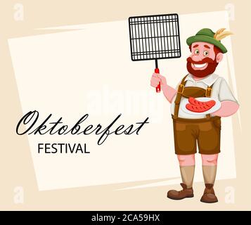 Oktoberfest greeting card. Man in Bavarian clothes holding barbeque grid and fried sausage, funny cartoon character. Munich beer festival Oktoberfest. Stock Vector