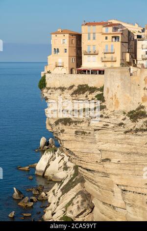 France, Corse-du-Sud, Bonifacio, the upper town located in the citadel is built on limestone cliffs which overlook the sea Stock Photo