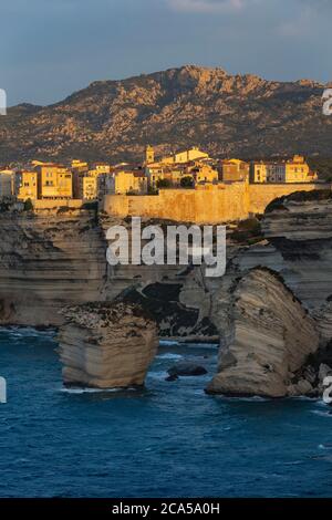 France, Corse-du-Sud, Bonifacio, the upper town located in the citadel is built on limestone cliffs which overlook the sea, the grain of sand under th Stock Photo