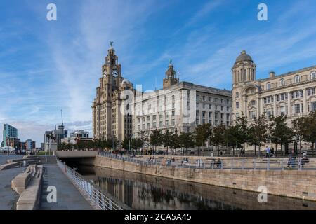 Pier Head with the Port of Liverpool Building, Cunard Building and Royal Liver Building, also known as The Three Graces - Liverpool, UK Stock Photo