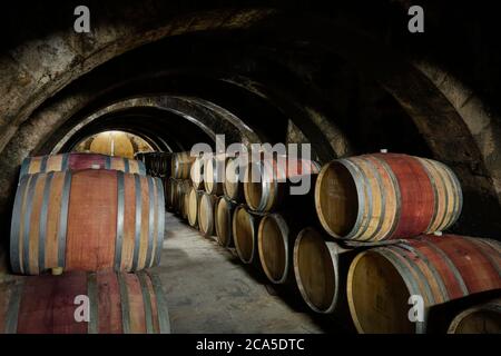 France, Gard (30), Beaucaire, Mourgues du Gres winery, interior of a cellar for conservation and winemaking Stock Photo