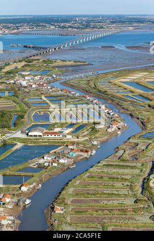 France, Charente Maritime, Le Chateau d'Oleron, Ors canal and the bridge (aerial view) Stock Photo