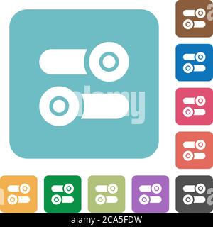 Toggle switches white flat icons on color rounded square backgrounds Stock Vector