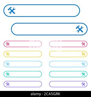 Wrench and hammer icons in rounded color ghost buttons. Left and right side icon variations. The buttons text can be adjusted with CSS. Stock Vector