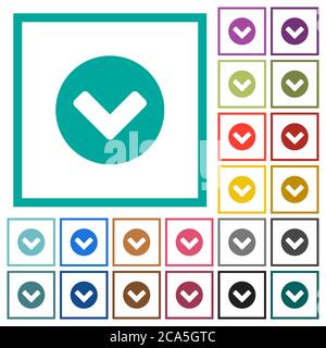 Chevron down flat color icons with quadrant frames on white background Stock Vector