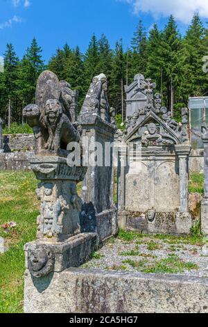 France, Creuse, Plateau de Millevaches, Gentioux Pigerolles, old graves of the cemetery with Masonic representations Stock Photo