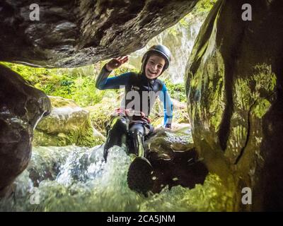 France, Isere, Vercors Regional Park, Sassenage, family canyoning on the upper segment of the Furon river descending from the plateau Stock Photo