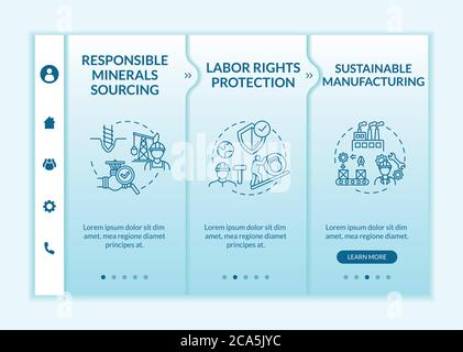 Responsible production onboarding vector template. Labor right protection. Sustainable manufacture. Responsive mobile website with icons. Webpage walk Stock Vector