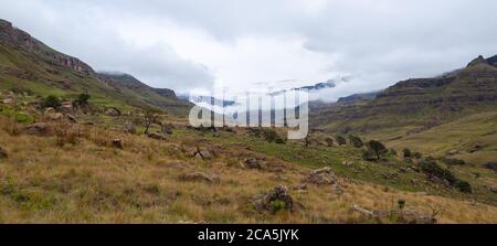 Over the clouds on Sani Pass from Lesotho to South Africa, Stock Photo