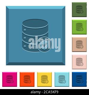Database protected engraved icons on edged square buttons in various trendy colors Stock Vector