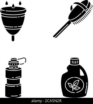 Personal eco products black glyph icons set on white space. Menstrual cup, natural bath brush, reusable water bottle and organic cleaning product silh Stock Vector
