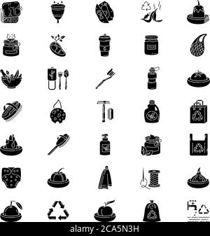 Zero waste tips black glyph icons set on white space. Food waste ...