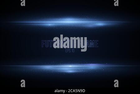 Abstract horizontal light frame made of blue glowing neon lines. Vector illustration. Futuristic scanner effect with flying sparkles particles. Footag Stock Vector