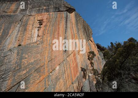 Australia, Victoria, Monts Grampiants, climbing in Eureka Wall, the route is called Archimedes Principle, it is a route without any piton in place, the climbing is done on climbing climbers St?phane Husson Stock Photo