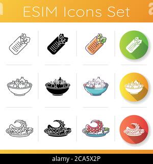 Best traditional food icons set. Shawarma for takeout. Chinese dumplings. Khinkali in plate. Portugese raw fresh octopus. Linear, black and RGB color Stock Vector