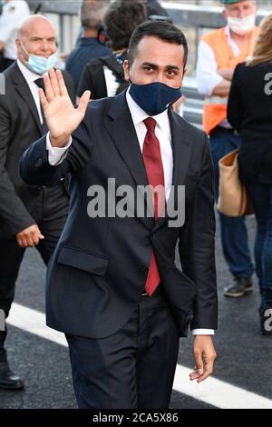 Genoa, Italy. 03rd Aug, 2020. Foreign minister Luigi Di Maio wearing a facemask is seen leaving the official inauguration ceremony of the new San Giorgio bridge.The new San Giorgio bridge designed by architect Renzo Piano replaces Morandi bridge that collapsed in August 2018 and the new bridge is set to reopen on 05 August 2020 during the inauguration ceremony. Credit: SOPA Images Limited/Alamy Live News Stock Photo