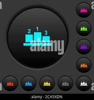 Winners podium with outside numbers dark push buttons with vivid color icons on dark grey background Stock Vector
