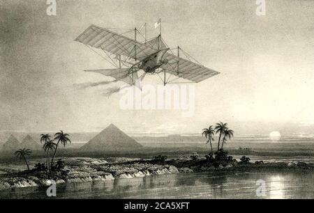 1843 artist's impression of John Stringfellow 's plane 'Ariel' flying over the Nile, with the pyramids in the background Stock Photo