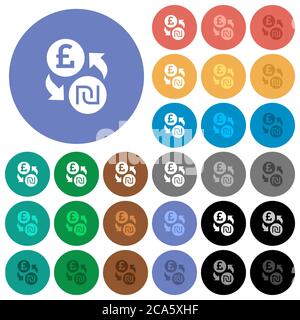 Pound Shekel money exchange multi colored flat icons on round backgrounds. Included white, light and dark icon variations for hover and active status Stock Vector