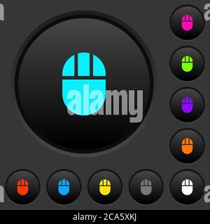 Three buttoned computer mouse dark push buttons with vivid color icons on dark grey background Stock Vector
