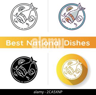 Soused herring icon. Sliced raw fish. Japanese dish. Salmon piece on crockery. Asian fresh meal for nutrition. Cook lunch. Linear black and RGB color Stock Vector