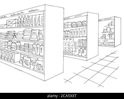 Grocery store shop interior black white graphic sketch illustration vector Stock Vector