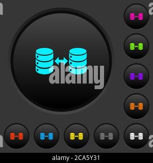 Syncronize databases dark push buttons with vivid color icons on dark grey background Stock Vector