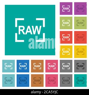 Camera raw image mode multi colored flat icons on plain square backgrounds. Included white and darker icon variations for hover or active effects. Stock Vector