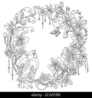 Vector coloring ornamental wreth with bird and flowers in circle composition. Decorative illustration black contour drawing isolated on white. For des Stock Vector