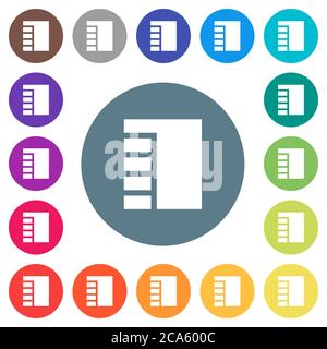 Vertical tabbed layout active flat white icons on round color backgrounds. 17 background color variations are included. Stock Vector
