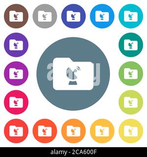 Remote folder flat white icons on round color backgrounds. 17 background color variations are included. Stock Vector