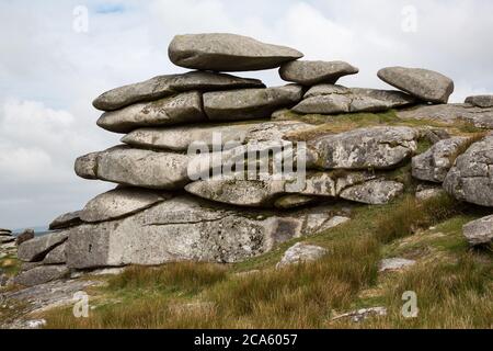 The Cheesewring stone cairns, a pile of large flat stones in Cornwall, UK Stock Photo
